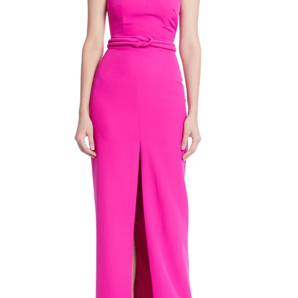 Jewel Badgley Mischka hot pink strapless column gown with a knotted belt detail